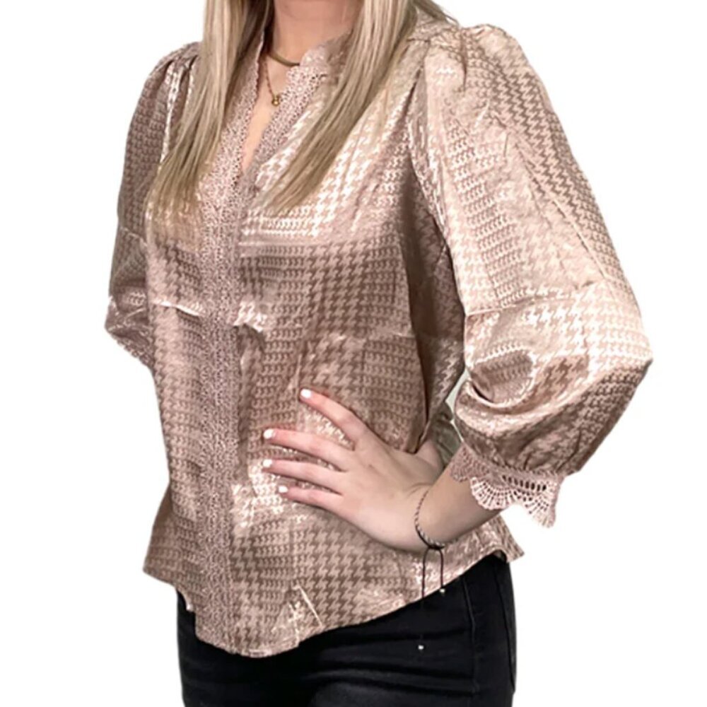 MINE Lace Accent Houndstooth Print Champagne V-neck Blouse Size Medium
